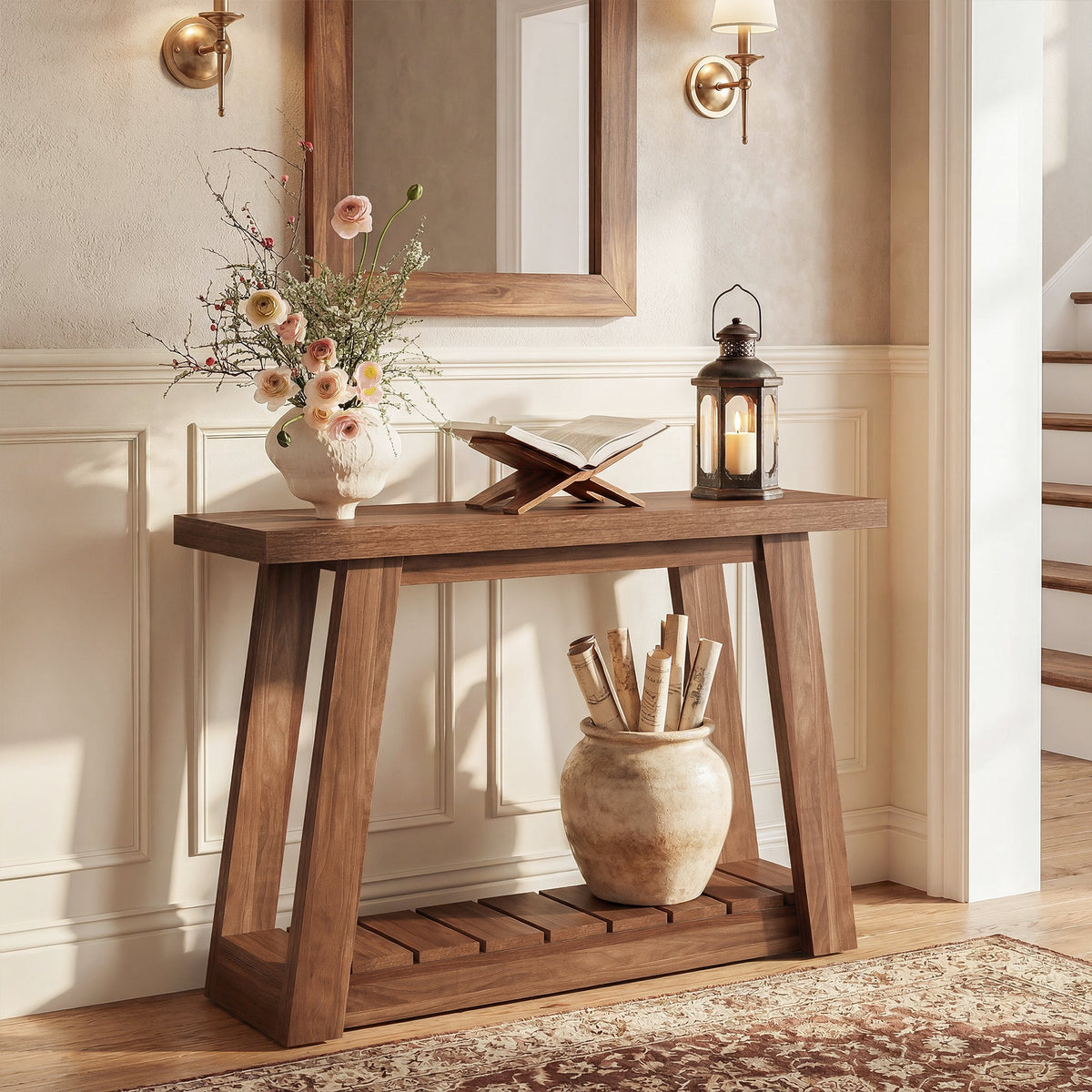 41.3-Inch 2-Tier Wood Console Table, Narrow Entryway Storage Sofa Table with Open Shelves for Living Room and Hallway
