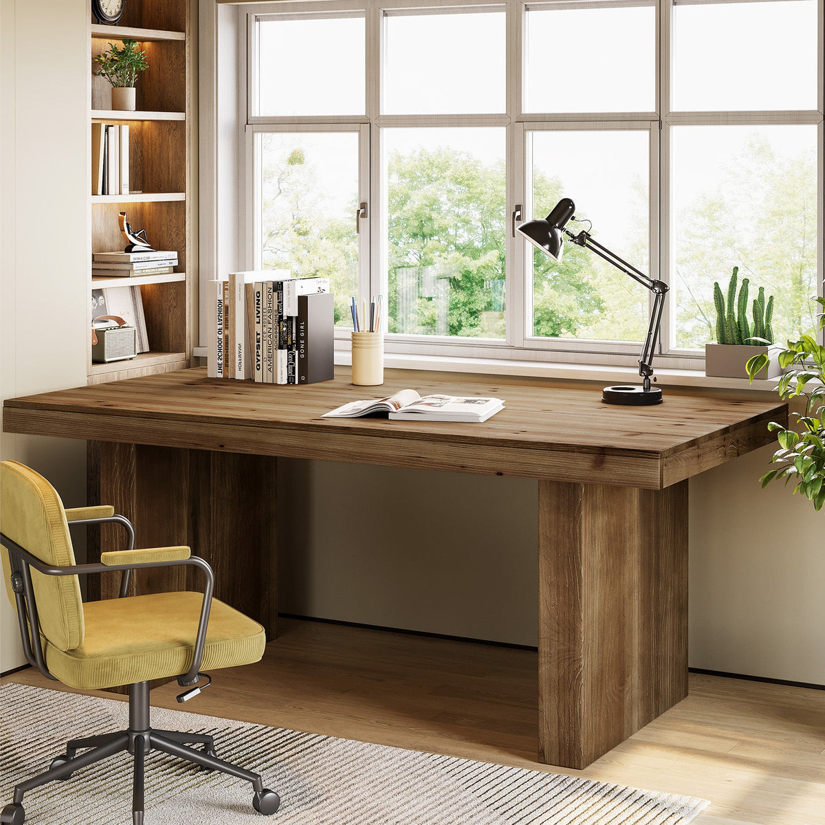 63-Inch Solid Wood Executive Desk with Spacious Tabletop and Sturdy Wooden Legs, Farmhouse Computer Desk for Home Office Study and Workstation