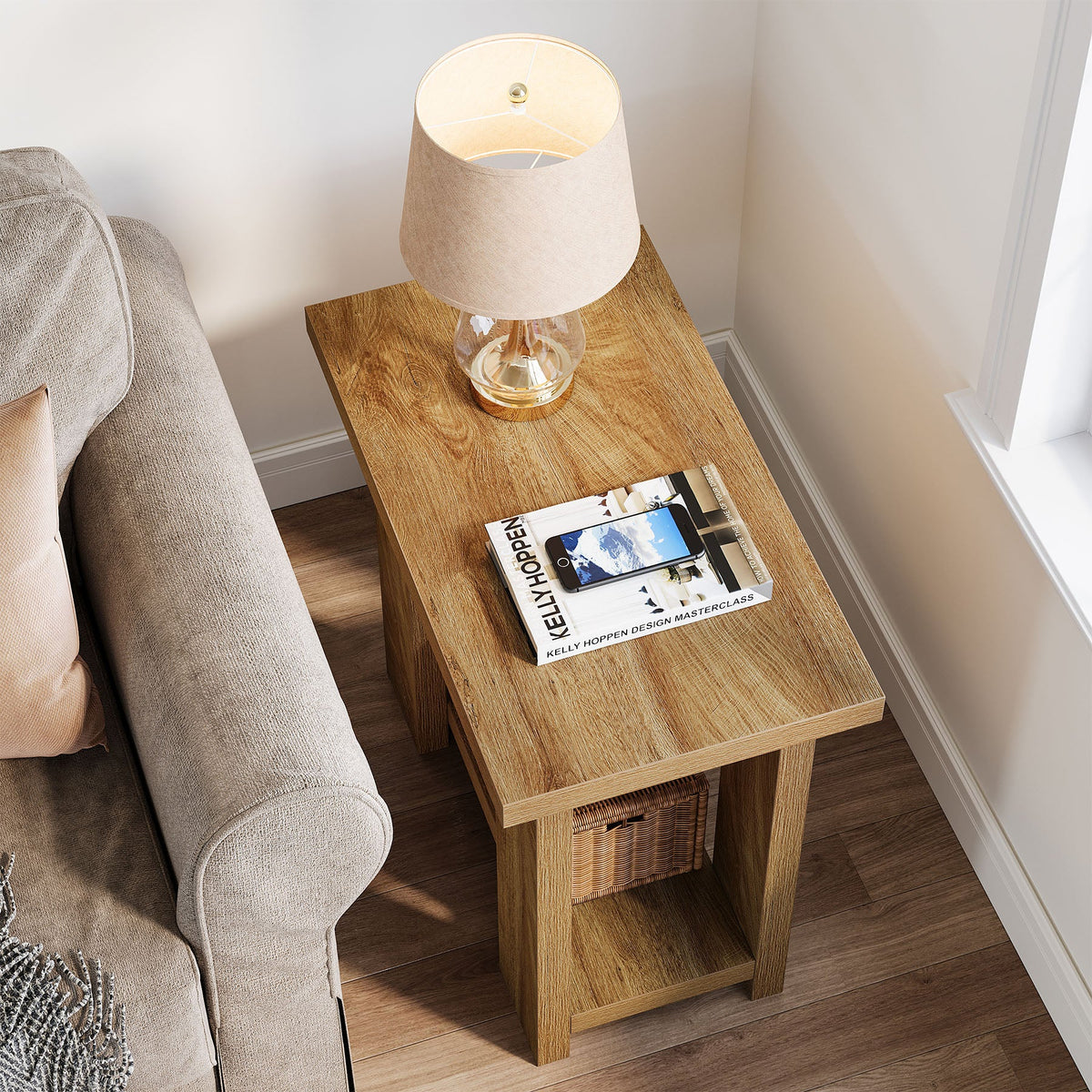 27.6-Inch Wooden Side Table with 2-Tier Shelf, Farmhouse End Table for Small Spaces