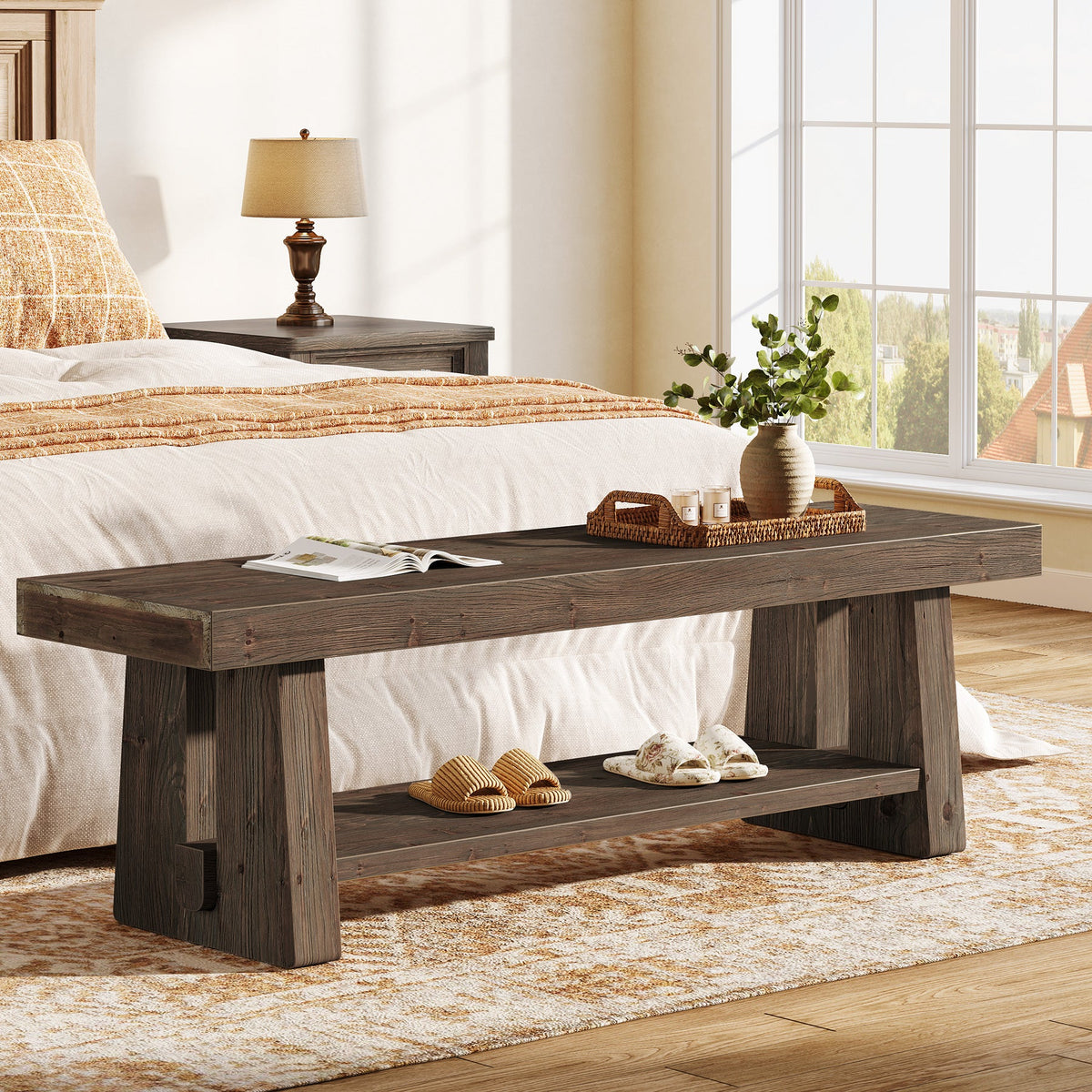63-Inch Solid Wood Farmhouse Bench with 2-Tier Open Shoe Storage