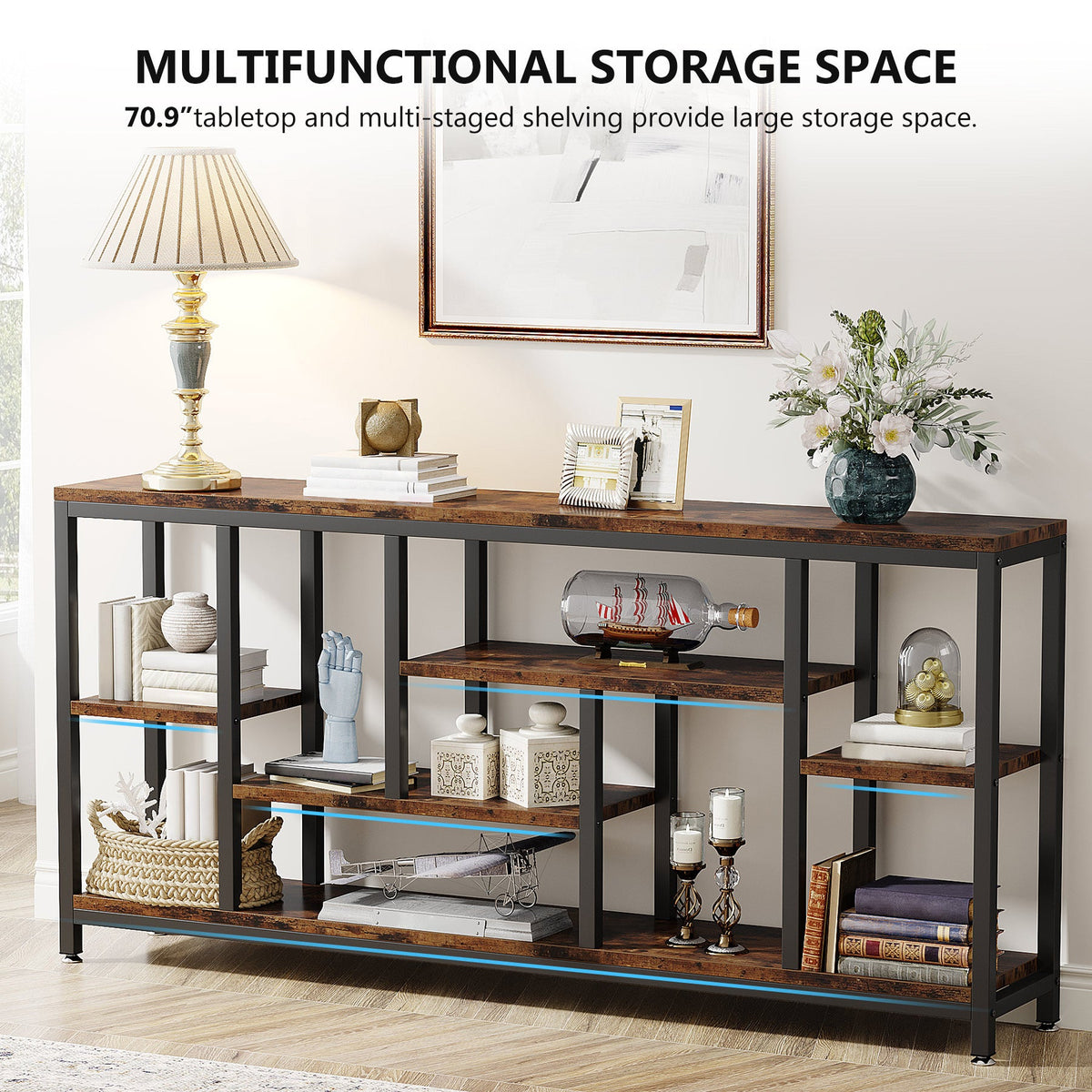 70.9-Inch Extra Long Console Table with 3-Tier Storage Shelves, Industrial Narrow Sofa Table for Entryway