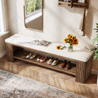 63 Inch Solid Wood Bench with Removable Faux Lambswool Cushion, Farmhouse End of Bed Seat