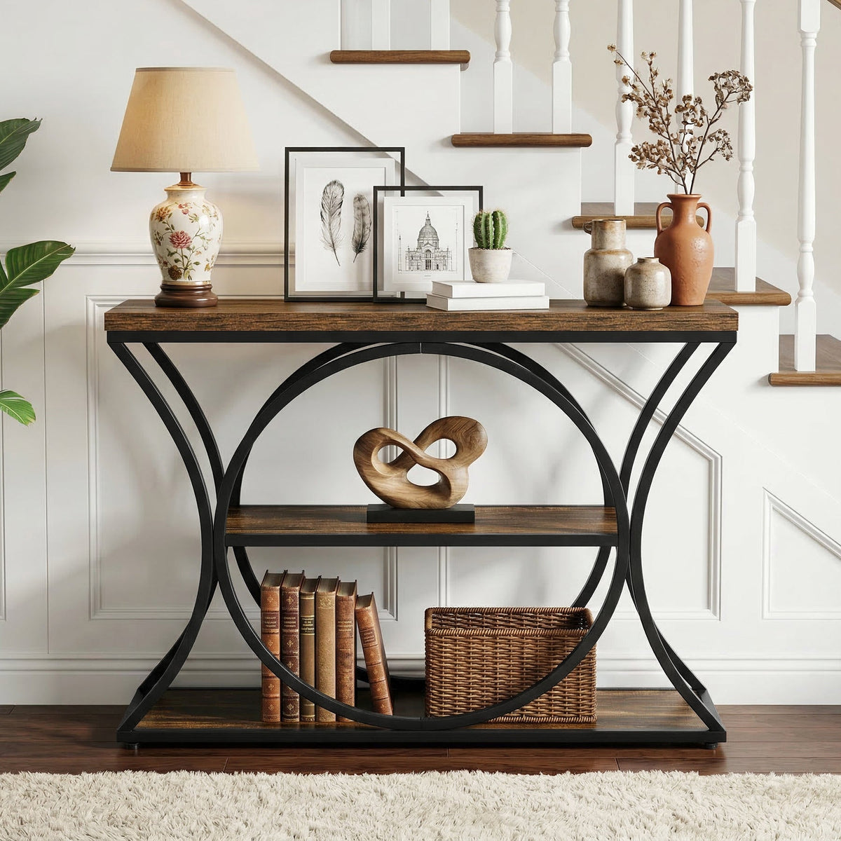 43.34" Industrial Console Table with 3-Tier Storage, Sofa Table for Living Room Hallway Behind Couch