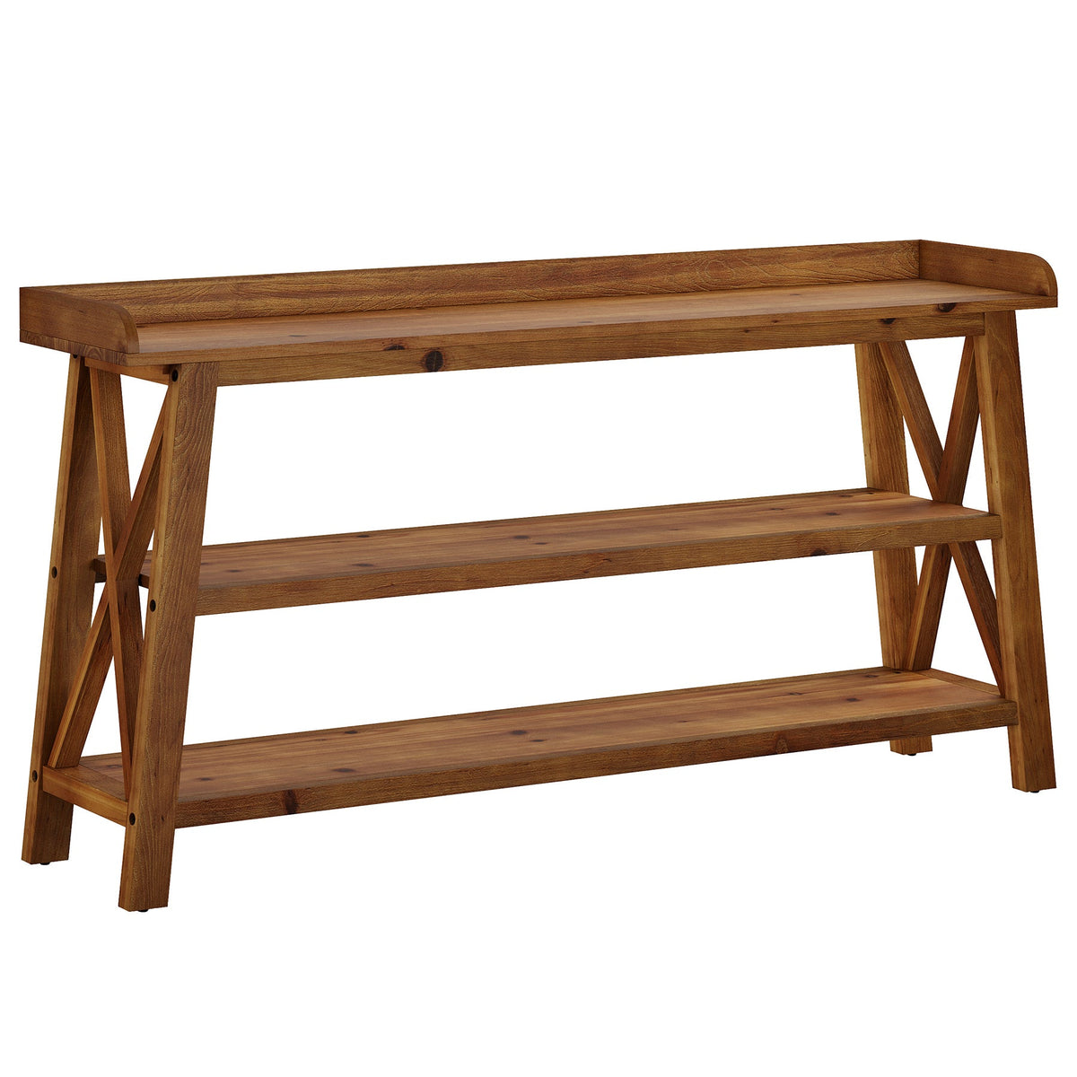 63-Inch Solid Wood Console Table with X-Frame, 3-Tier Hallway Table for Living Room