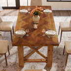 63-Inch Solid Fir Wood Dining Table with Herringbone Top, Farmhouse Table for Dining Room