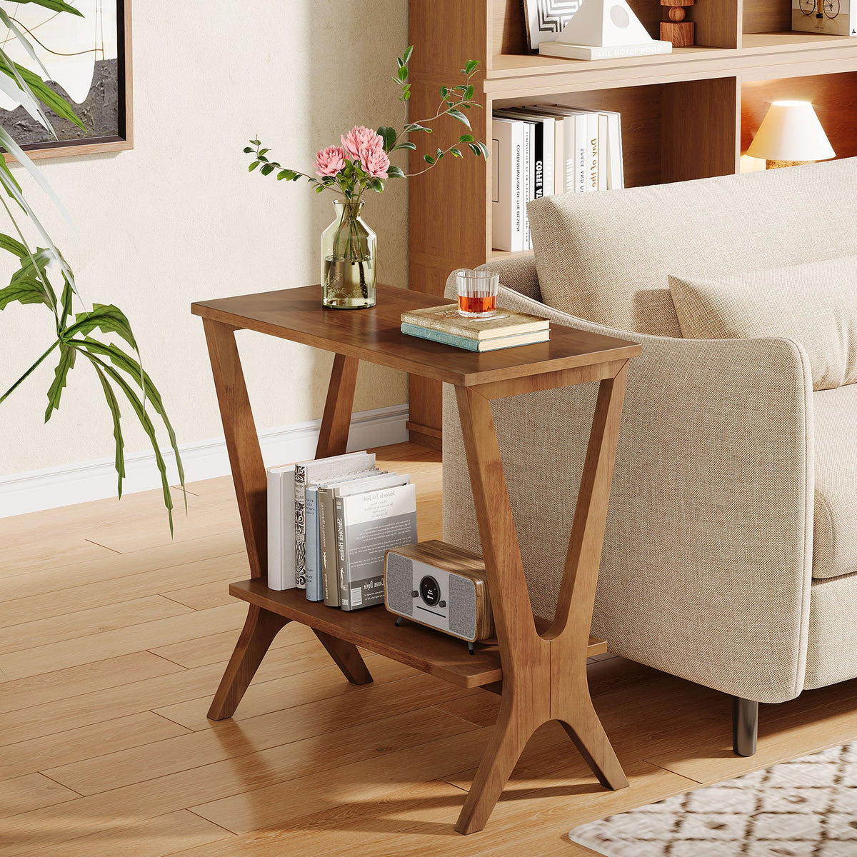 23.62-Inch Narrow End Table, 2-Tier Solid Wood Side Table with Storage Shelves for Living Room