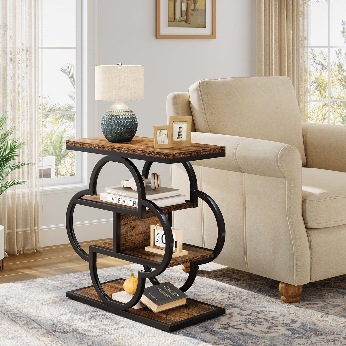 4-Tier Narrow Side Table with Curved Metal Frame and Storage Shelves