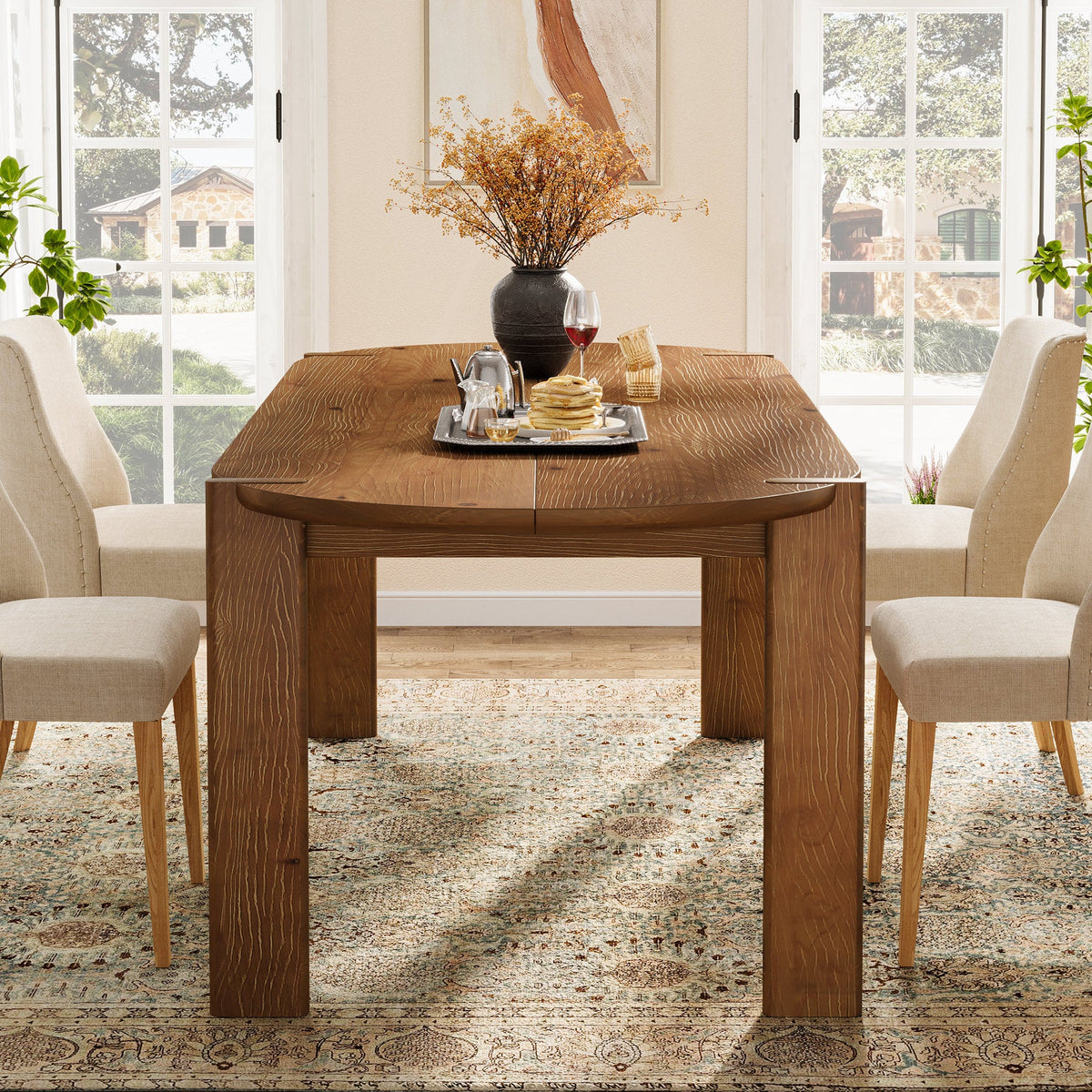 63-Inch Solid Wood Oval Dining Table, Farmhouse Dinner Table with Sturdy Base for 4-6