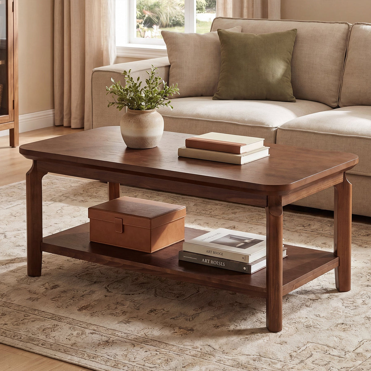 47-Inch Coffee Table with Open Shelf, Rounded-Corner Center Table for Living Room