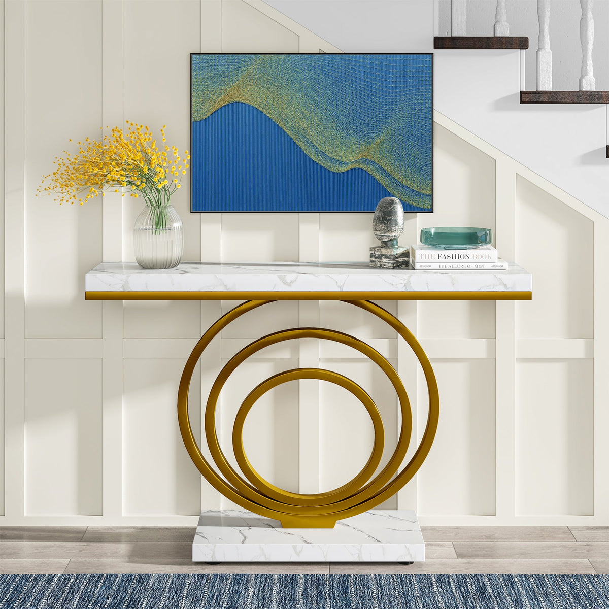 41.3-Inch Gold Console Table, Narrow Entryway Table with Faux Marble Veneer Top and Geometric Metal Frame for Hallway