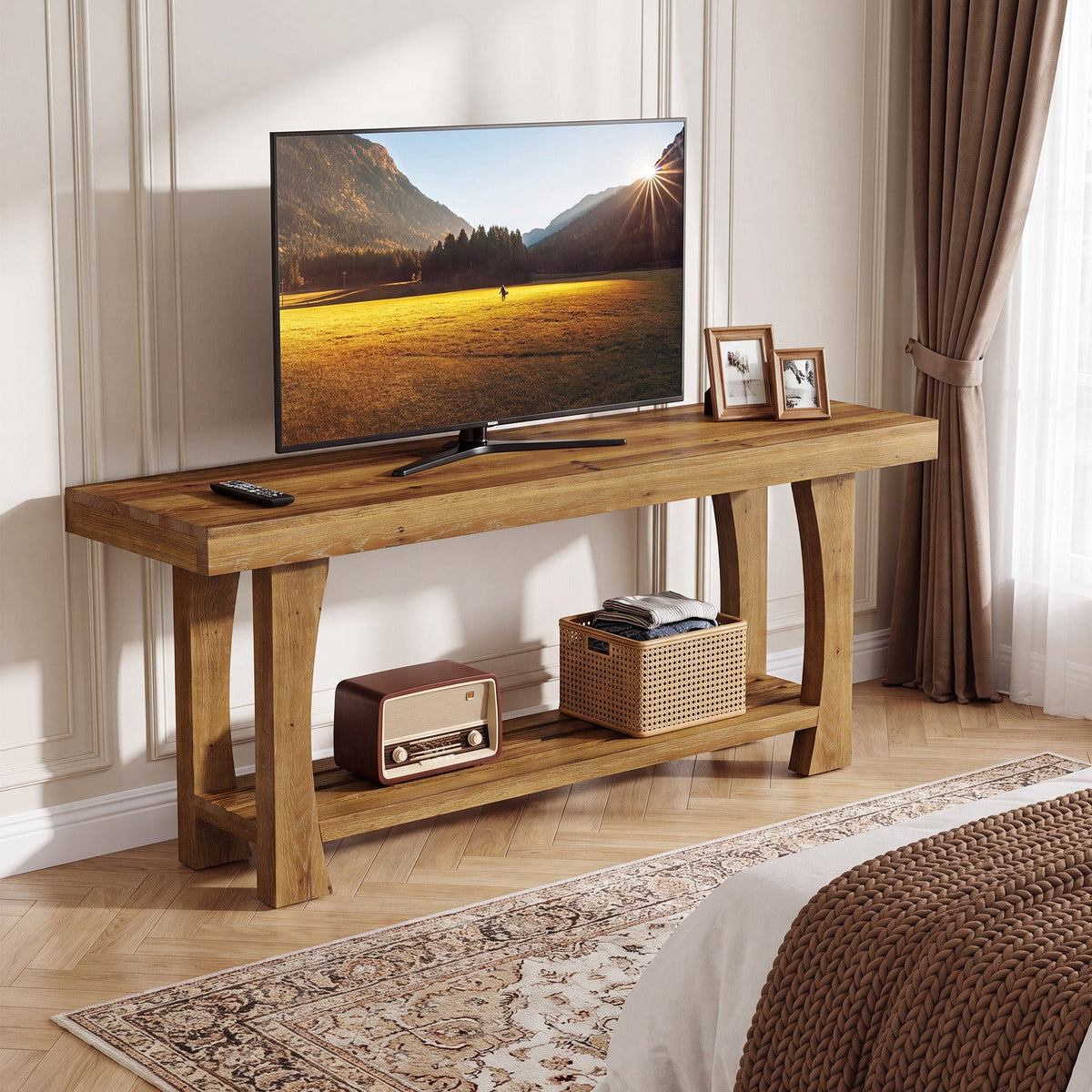 Solid Wood TV Stand for TVs up to 70 Inch, Farmhouse Media Console with Slatted Shelf
