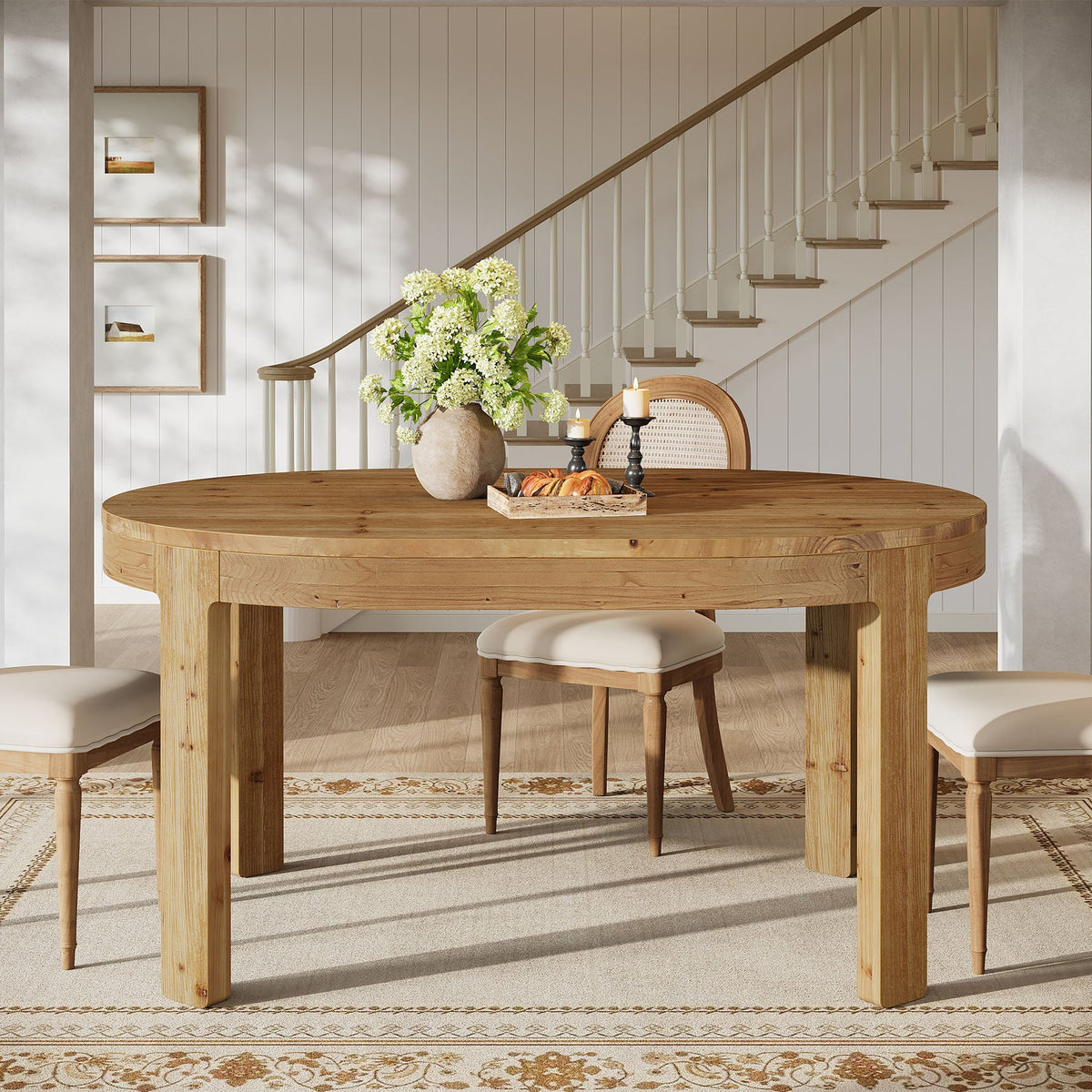 55-Inch Farmhouse Oval Dining Table, Solid Wood Kitchen Table for 4 in Small Spaces