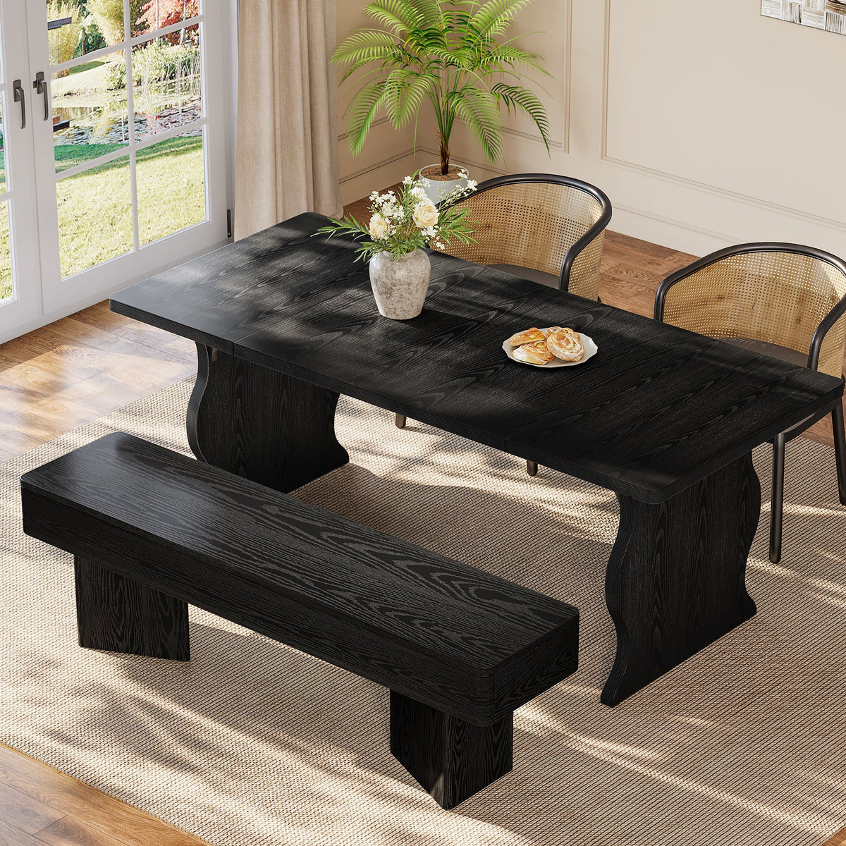 47.24-Inch Black Kitchen Table Bench with Rounded Edges, Modern Dining Bench for Dining Room