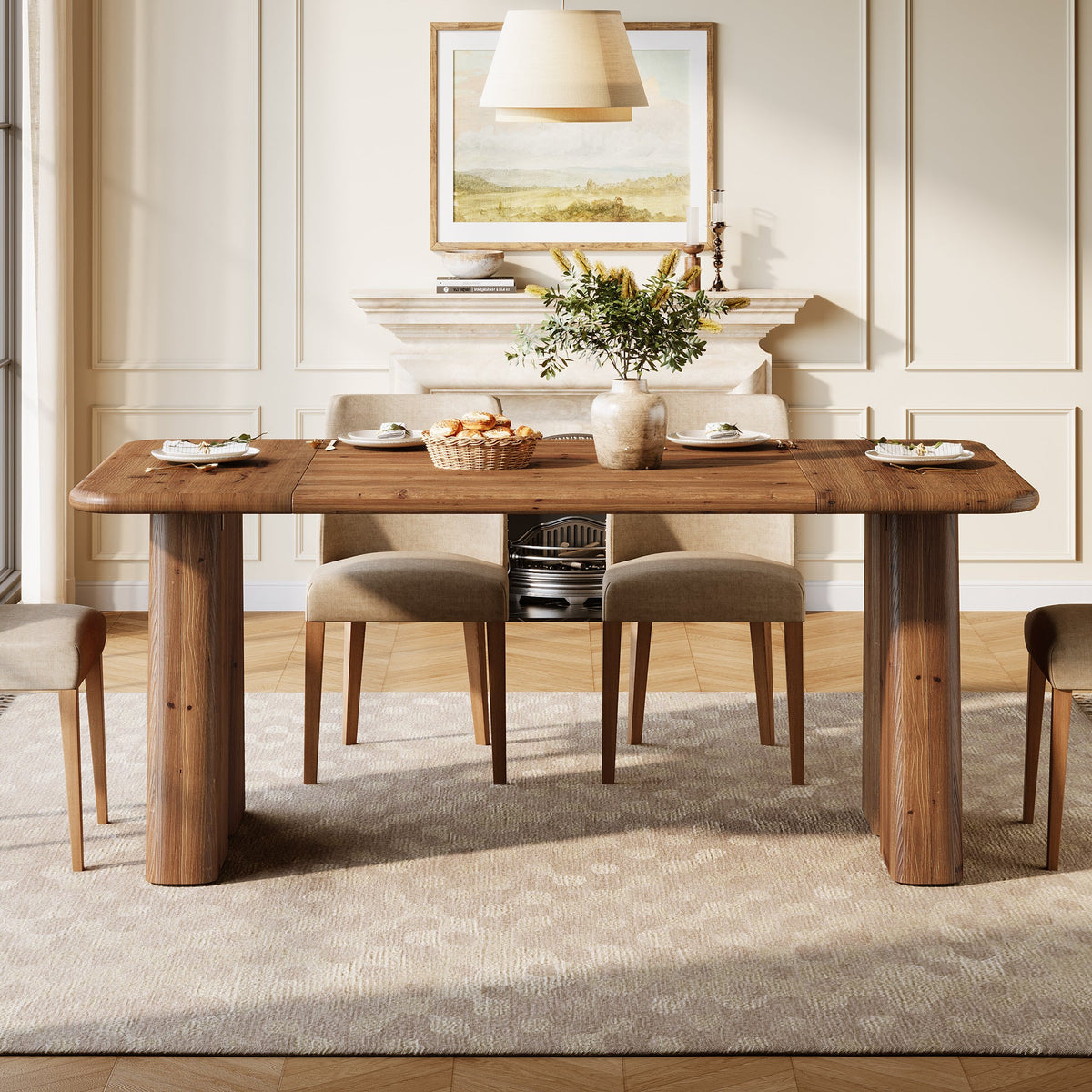 63-Inch Solid Wood Dining Table with Double Pedestal Base, Rustic Table for Dining Room