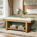 47.2-Inch Farmhouse Entryway Bench with Storage Shelf, Solid Wood Upholstered Shoe Bench for Mudroom