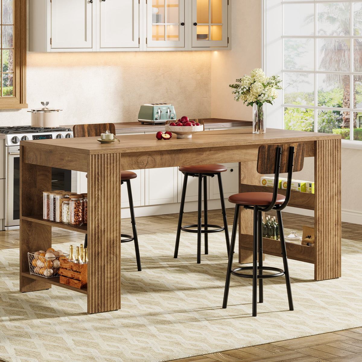63 Inch Farmhouse Kitchen Island with Double-Sided Storage Shelves