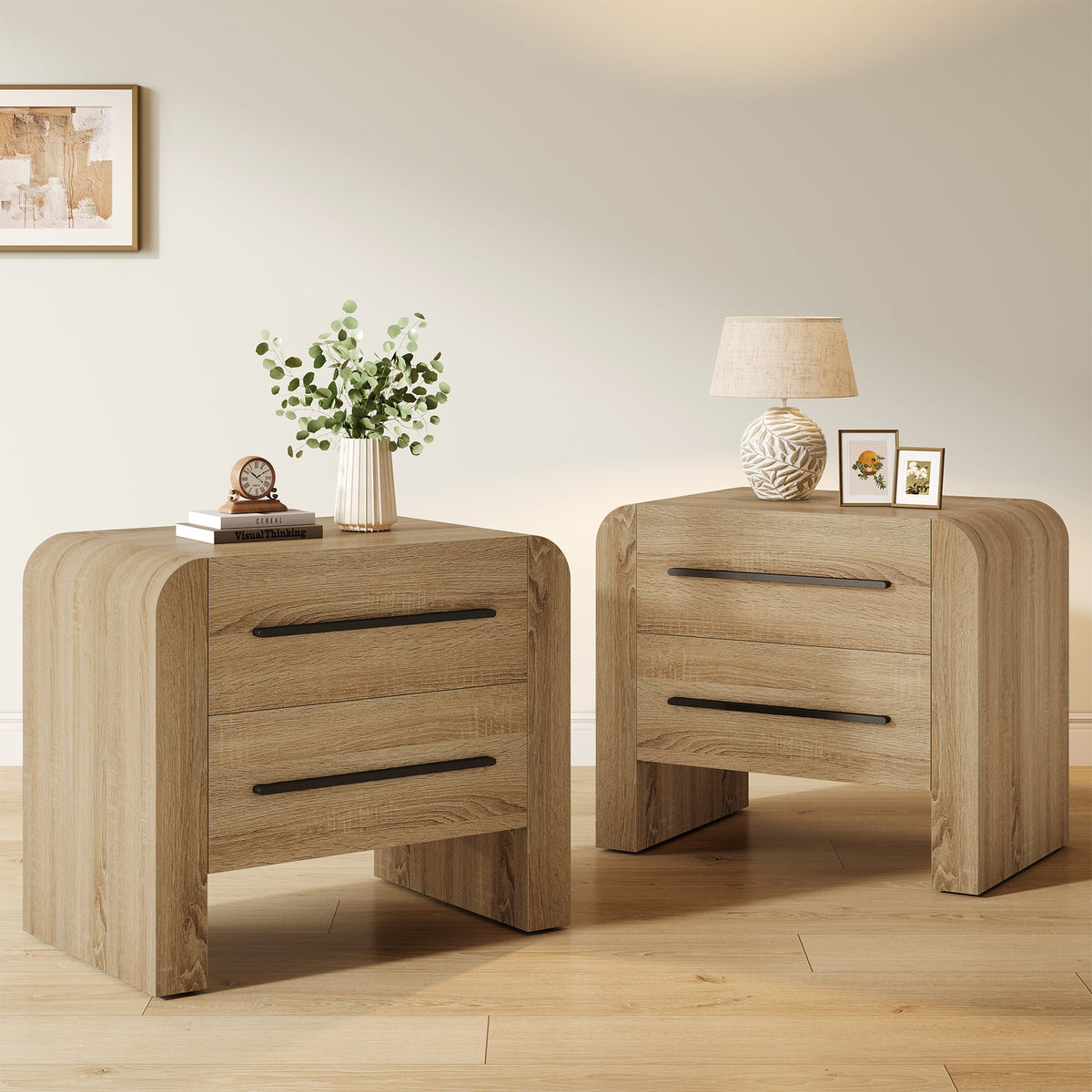 27.55 Inch 2-Drawer Nightstand with Curved Edges, Modern Bedside Table for Bedroom