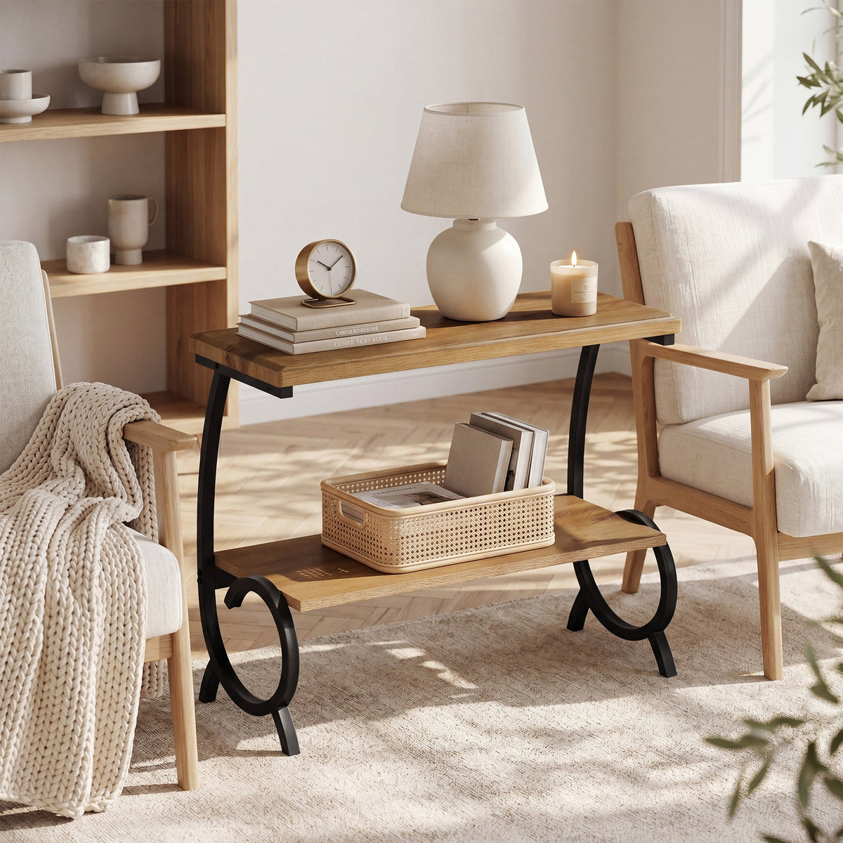 23.6-Inch Tall 2-Tier End Table, Narrow Couch Side Table with J-Shaped Metal Legs