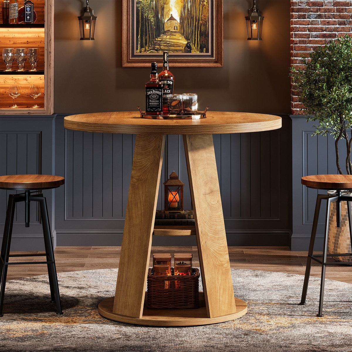 31.5-Inch Round Dining Table for 2-4, Space-Saving Farmhouse Kitchen Table with 2-Tier Storage Shelf for Small Spaces