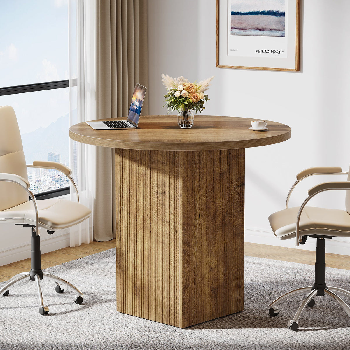 31.5-Inch Round Conference Table with Fluted Pedestal Base, Small Office Meeting Table for Conference Room Study and Home Office