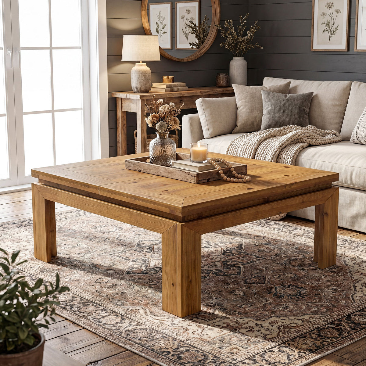 39.4-Inch Solid Wood Coffee Table with Recessed Edge, Square Farmhouse Center Table for Living Room
