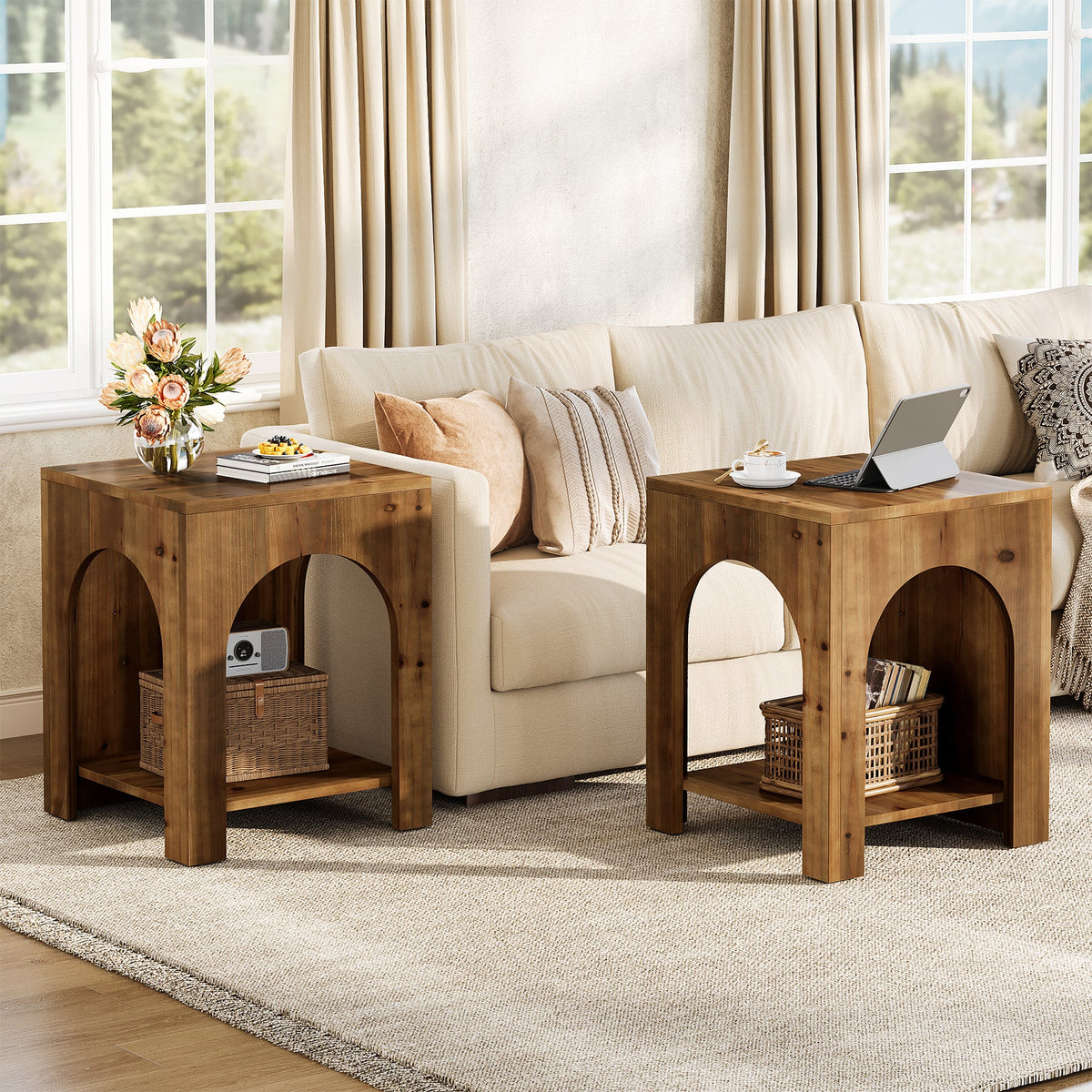 19.69-Inch Farmhouse Side Table with Arch Design, Wooden End Table for Living Room
