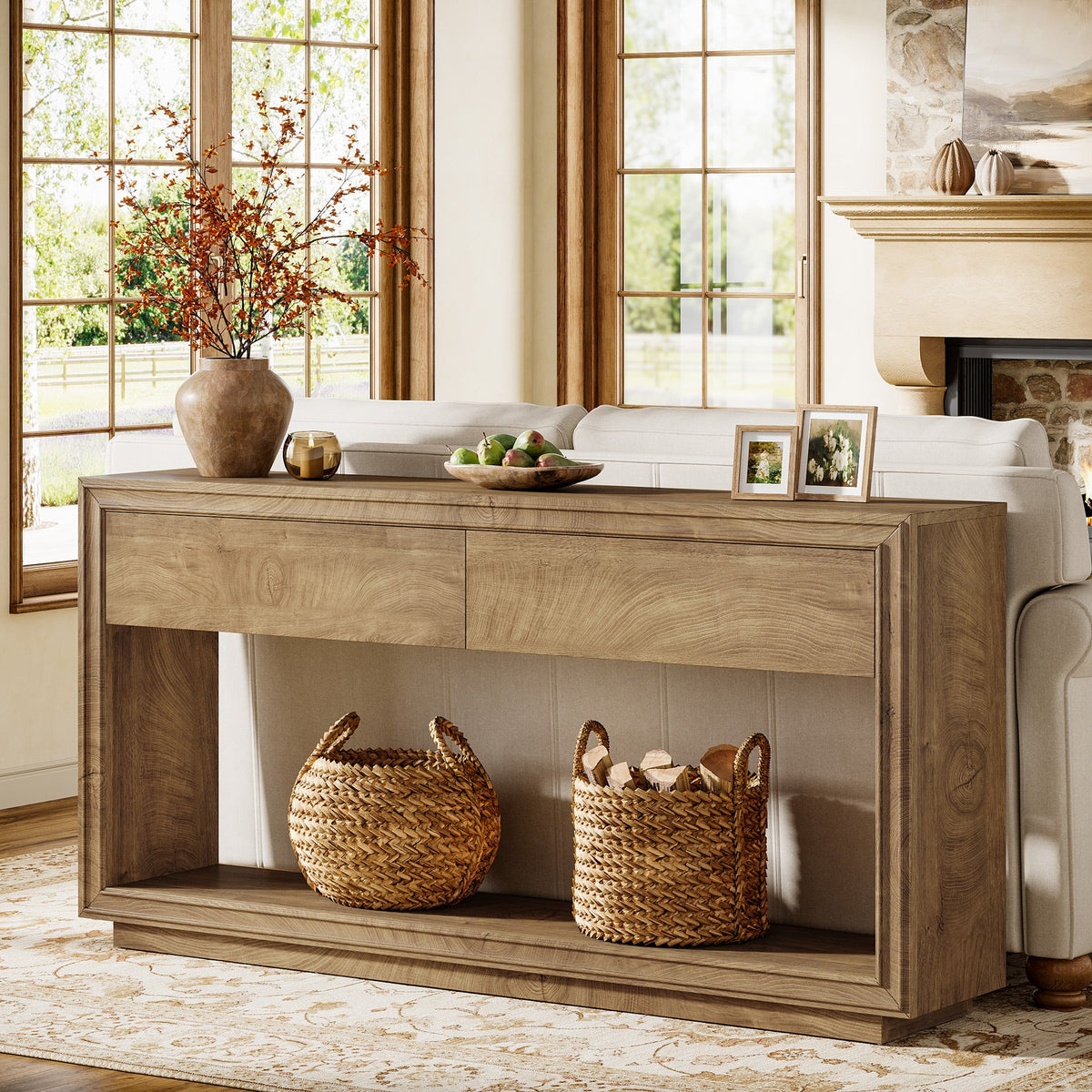 63-Inch Console Table with 2 Drawers, Farmhouse Entryway Table with Storage for Hallway