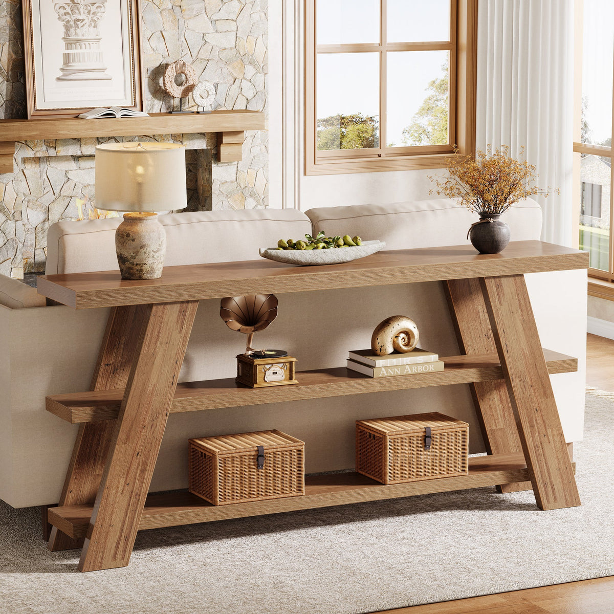 70.9" Farmhouse Console Table, 3-Tier Narrow Sofa Table with Storage