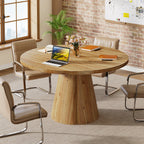 47.24-Inch Solid Wood Conference Table, Rustic Round Meeting Table with Pedestal Base for Office