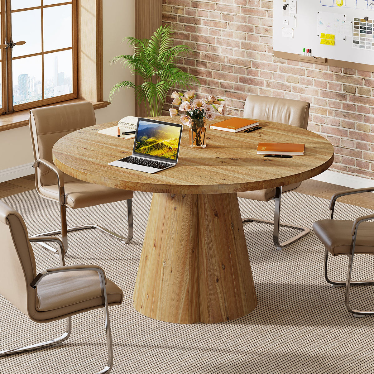 47.24-Inch Solid Wood Conference Table, Rustic Round Meeting Table with Pedestal Base for Office