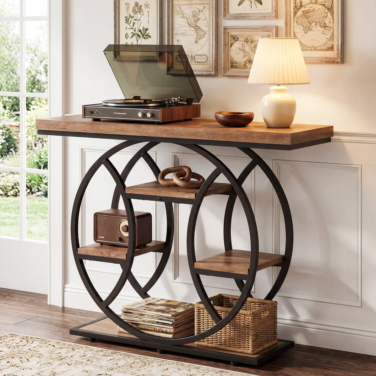 41.3" Industrial Console Table with 4-Tier Storage, Entryway Sofa Table for Hallway Living Room Entrance