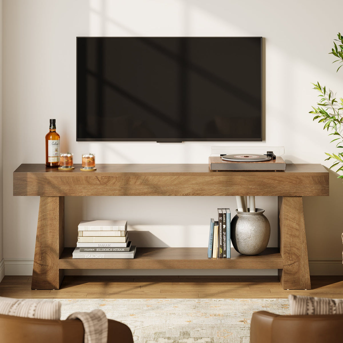 63-Inch Farmhouse TV Stand with 2-Tier Storage, Media Console for Living Room or Bedroom