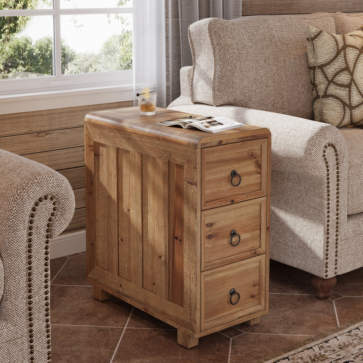 11.81 Inch Narrow Solid Wood Side Table with 3 Drawers, Slim Bedside Table for Bedroom