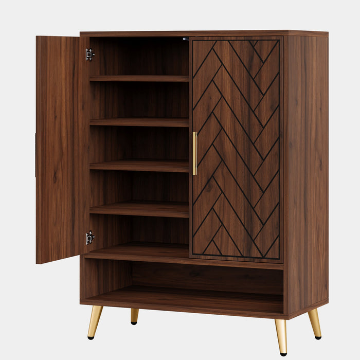 6-Tier Adjustable Shoe Cabinet - Wooden Shoe Organizer with Storage Shelves#Colour_Walnut & Gold
