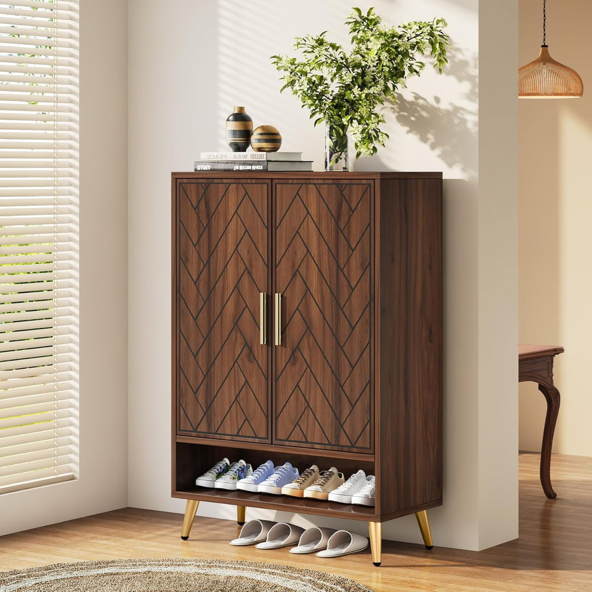 6-Tier Adjustable Shoe Cabinet - Wooden Shoe Organizer with Storage Shelves#Colour_Walnut & Gold