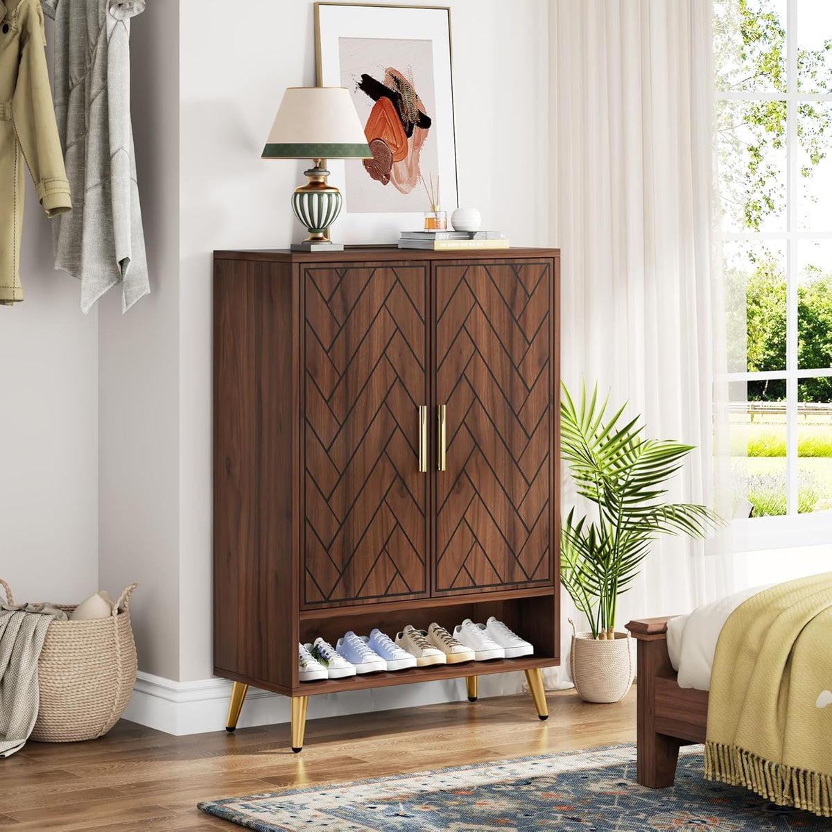 6-Tier Adjustable Shoe Cabinet - Wooden Shoe Organizer with Storage Shelves#Colour_Walnut & Gold