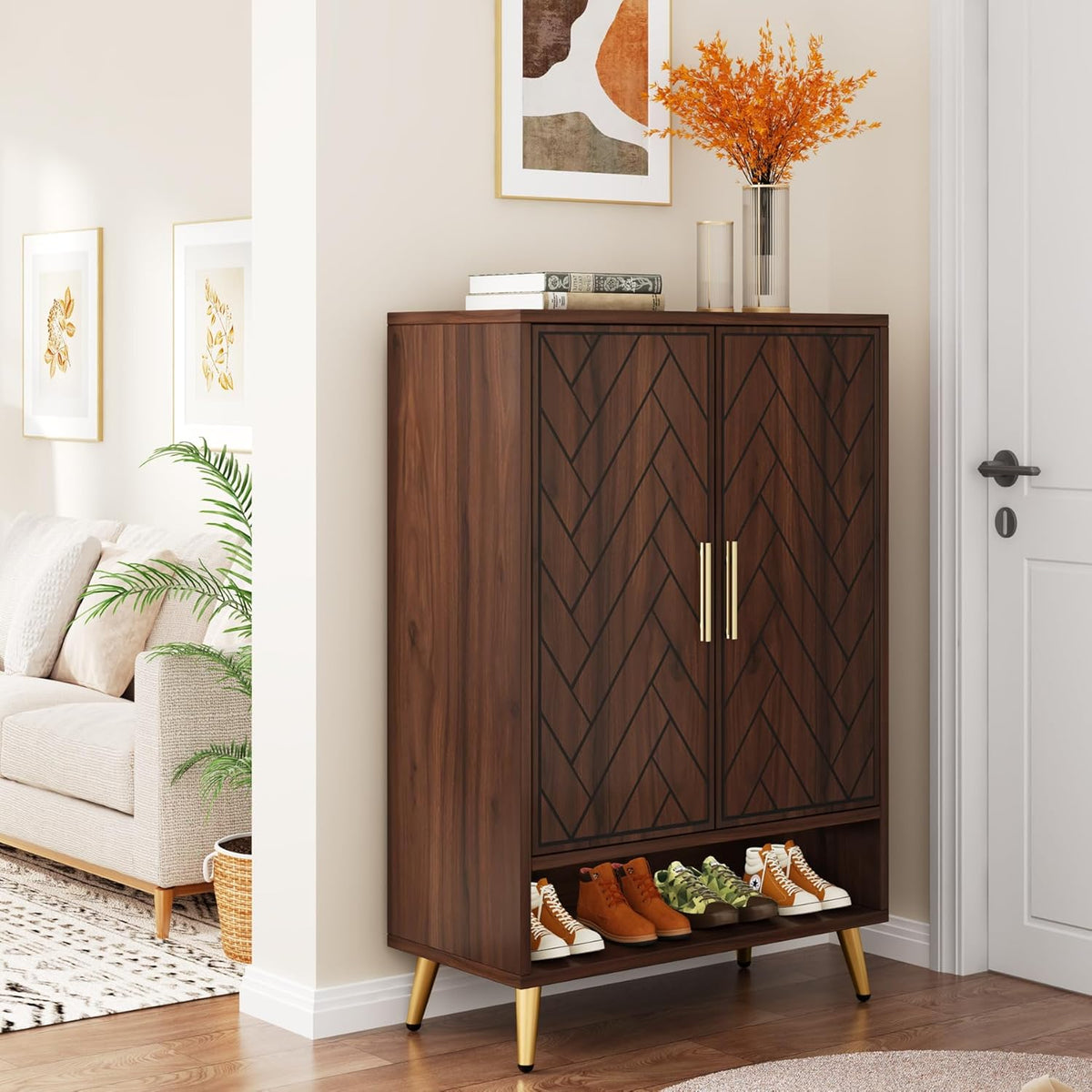 6-Tier Adjustable Shoe Cabinet - Wooden Shoe Organizer with Storage Shelves#Colour_Walnut & Gold