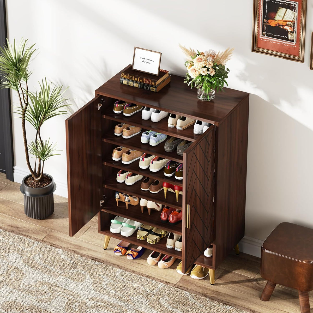 6-Tier Adjustable Shoe Cabinet - Wooden Shoe Organizer with Storage Shelves#Colour_Walnut & Gold