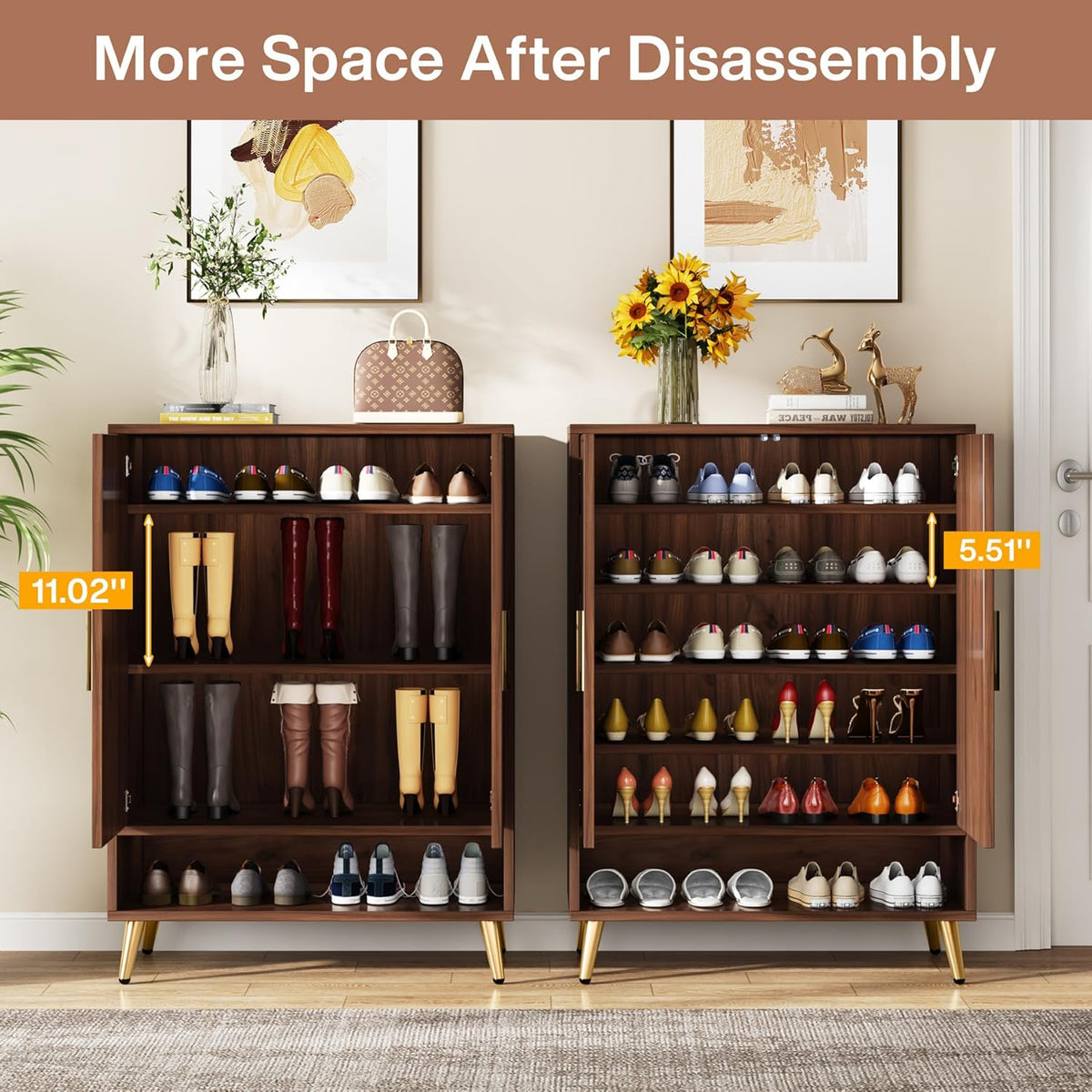 6-Tier Adjustable Shoe Cabinet - Wooden Shoe Organizer with Storage Shelves#Colour_Walnut & Gold