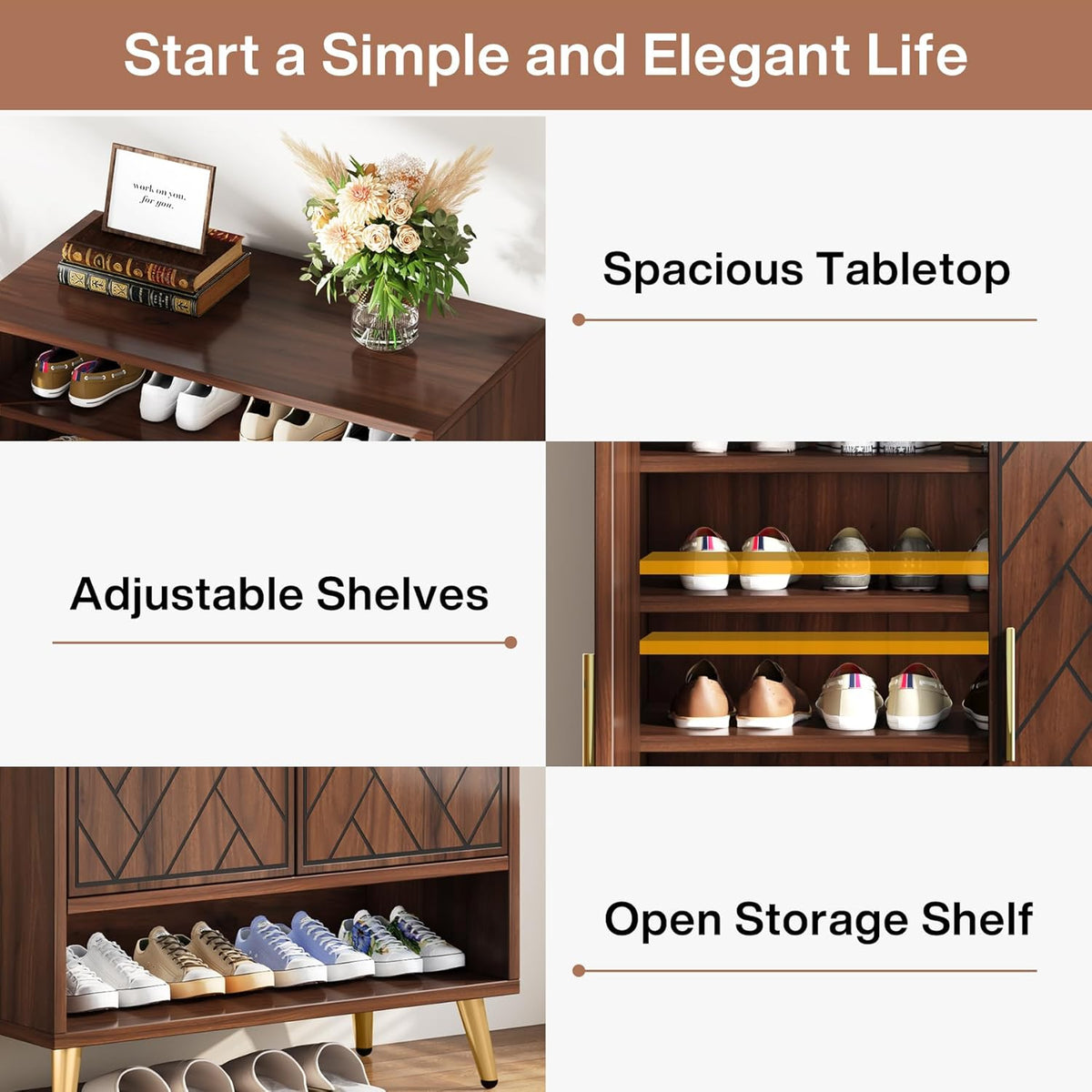 6-Tier Adjustable Shoe Cabinet - Wooden Shoe Organizer with Storage Shelves#Colour_Walnut & Gold