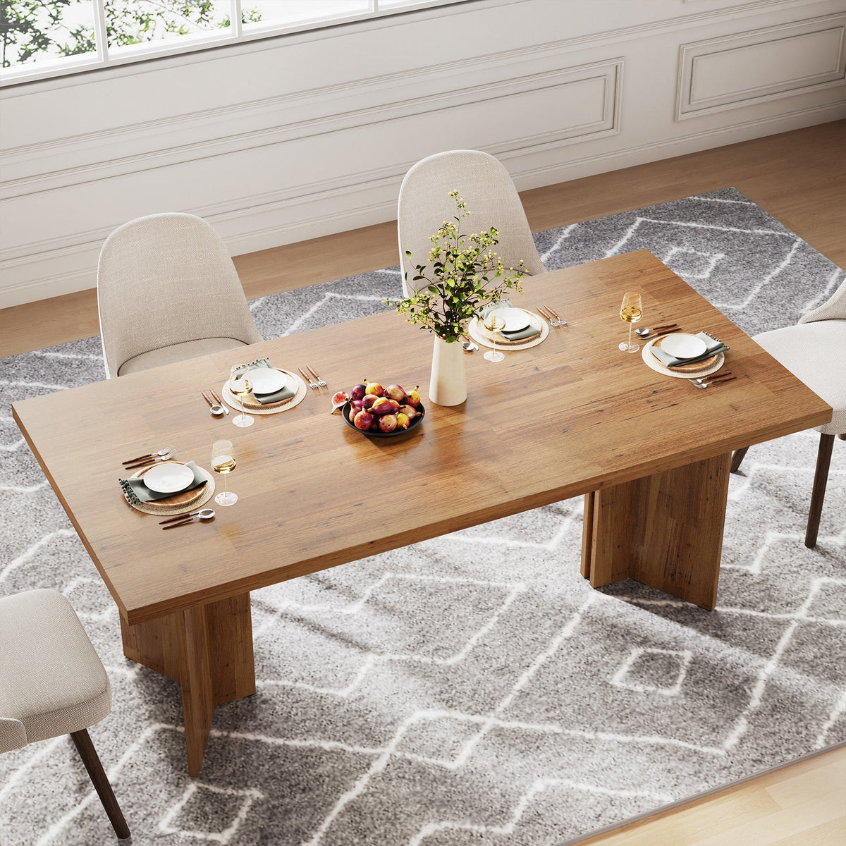 Farmhouse dining table for 4-6 people in a warm dining room setting#Colour_Walnut Brown