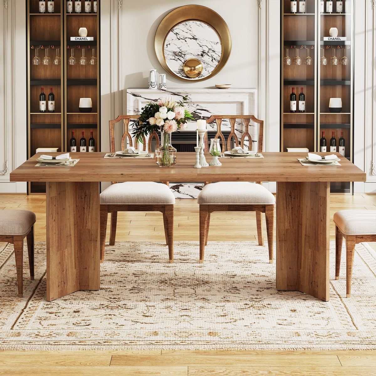 63 inch farmhouse dining table with spacious rectangular tabletop and angled panel legs#Colour_Walnut Brown