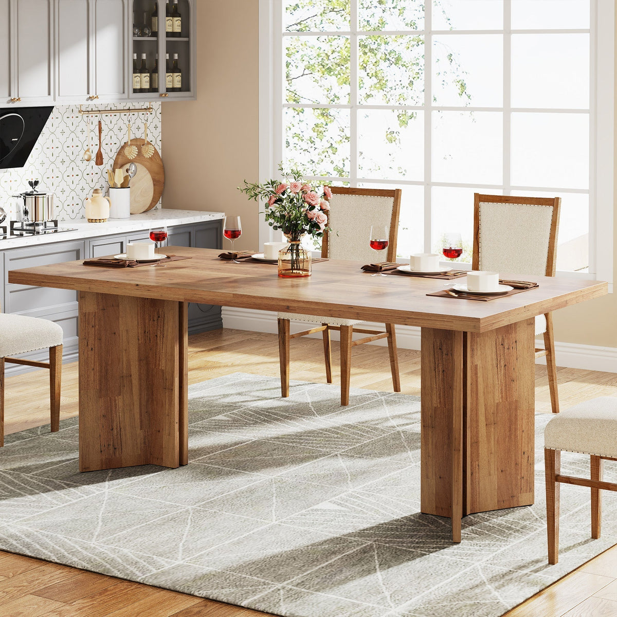 63 inch farmhouse dining table featuring a warm wood grain finish and sturdy panel leg design#Colour_Walnut Brown