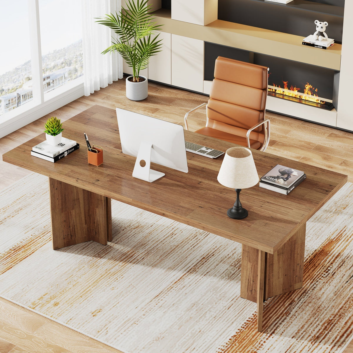 63" Wood Executive Desk, Farmhouse Computer Desk with Large Tabletop #Colour_Walnut Brown