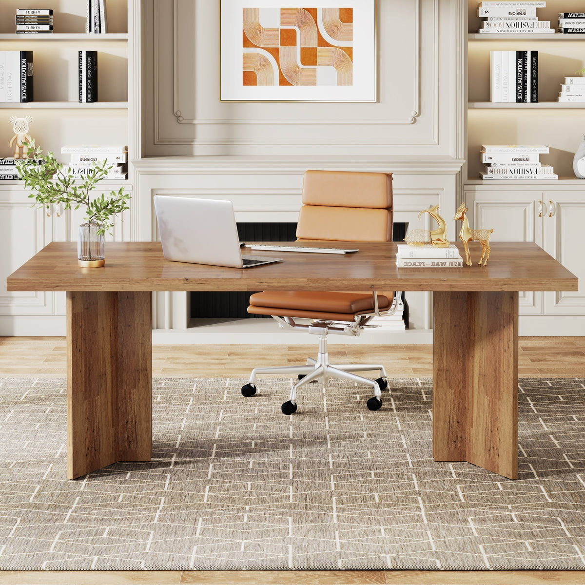 63" Wood Executive Desk, Farmhouse Computer Desk with Large Tabletop #Colour_Walnut Brown