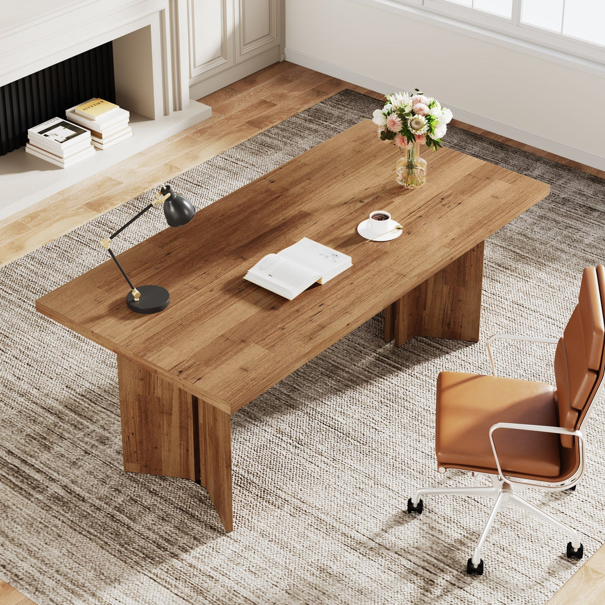 63" Wood Executive Desk, Farmhouse Computer Desk with Large Tabletop #Colour_Walnut Brown