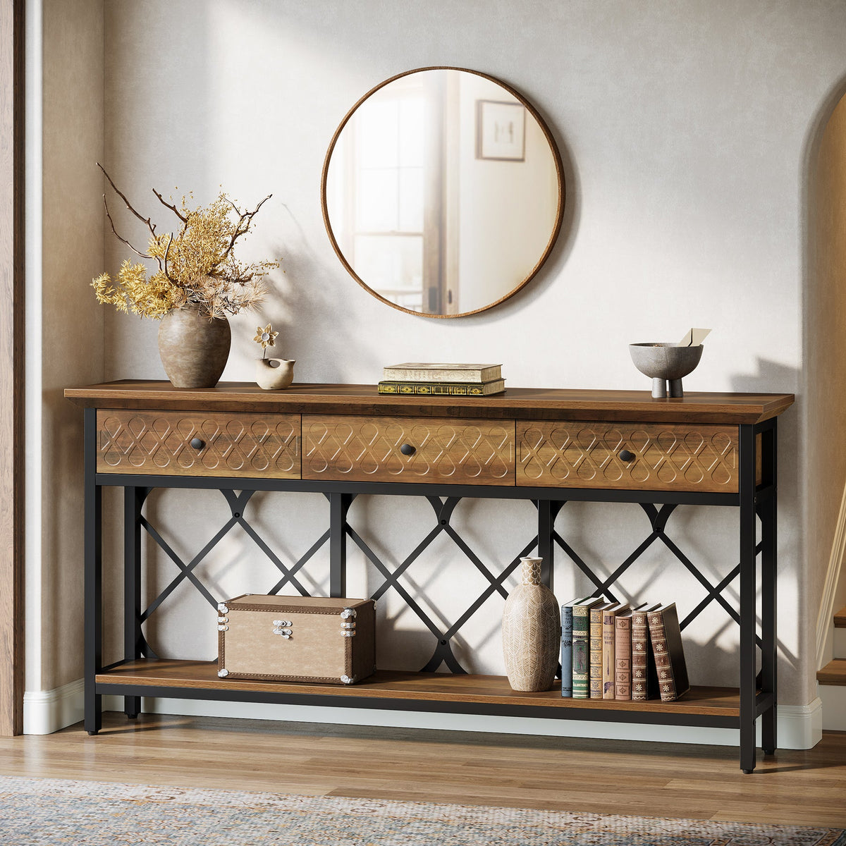 70.86-Inch Extra Long Console Table with 3 Drawers and Storage Shelf, Industrial Narrow Sofa Table for Living Room Entryway and Hallway