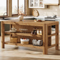 63-Inch Farmhouse Kitchen Island, Solid Wood Island Table with Open Storage Shelves