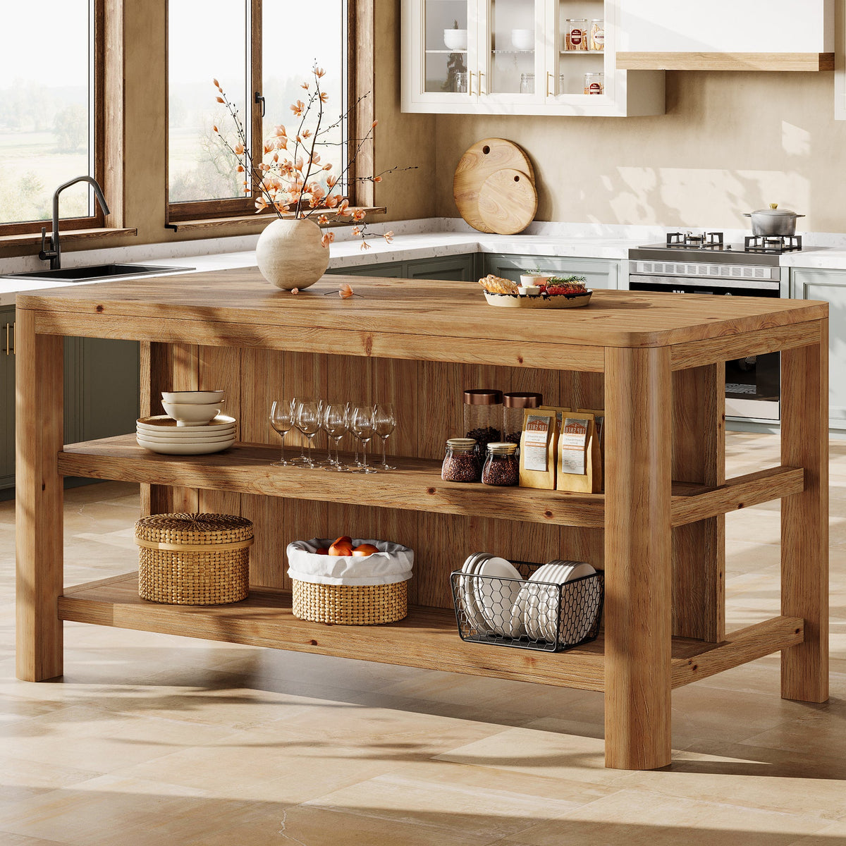 63-Inch Farmhouse Kitchen Island, Solid Wood Island Table with Open Storage Shelves