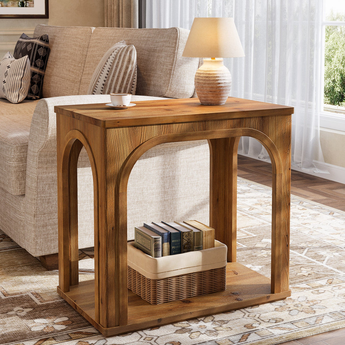25.2-Inch Solid Wood End Table with Arched Design and Bottom Shelf, 2-Tier Farmhouse Side Table for Living Room